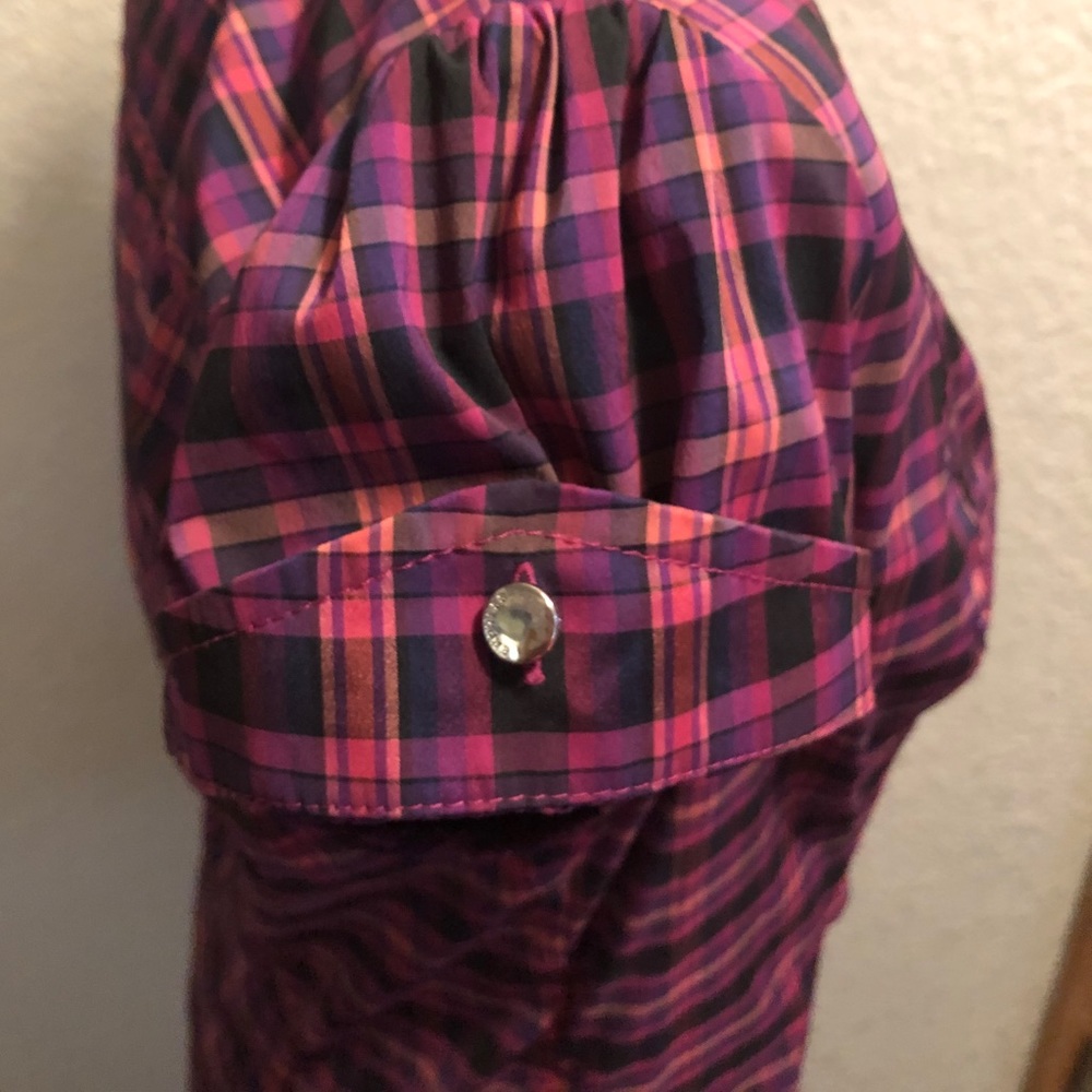EXPRESS V~NECK PLAID STRETCH BLOUSE - Picture 5 of 13